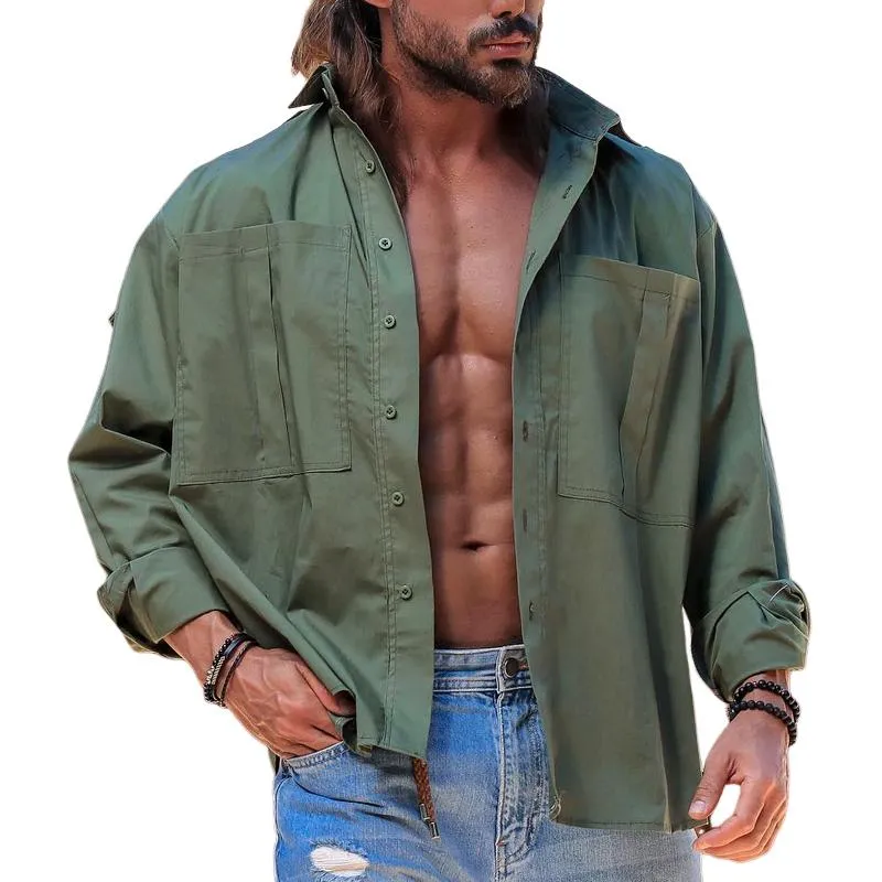 Men's Solid Color Lapel Chest Pocket Long Sleeve Casual Shirt 52728462Z sold by Manly