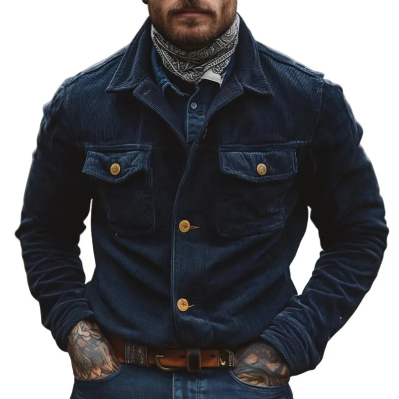 Men's Retro Solid Corduroy Lapel Chest Pocket Single Breasted Cargo Jacket 60931270Z sold by Manly