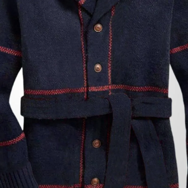 Men's Retro Line Jacquard Thick Lapel Single-Breasted Belted Mid-Length Knitted Cardigan 12783620M sold by Manly product image thumbnail 3