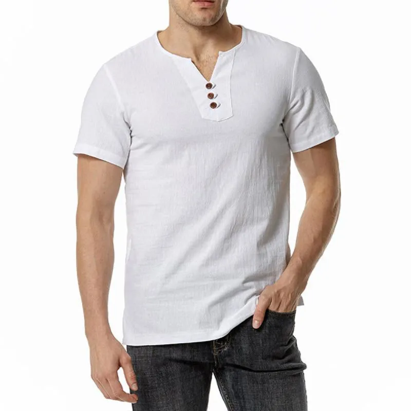 Men's Casual Solid Color V-Neck Linen Short Sleeve Shirt 00351042M sold by Manly