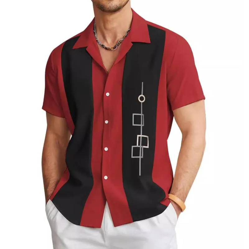 Men's Lapel Striped Beach Print Short Sleeve Shirt 90194485X sold by Manly