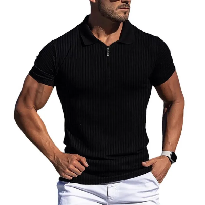 Men's Solid Striped Lapel Short Sleeve Polo Shirt 09106828Z sold by Manly