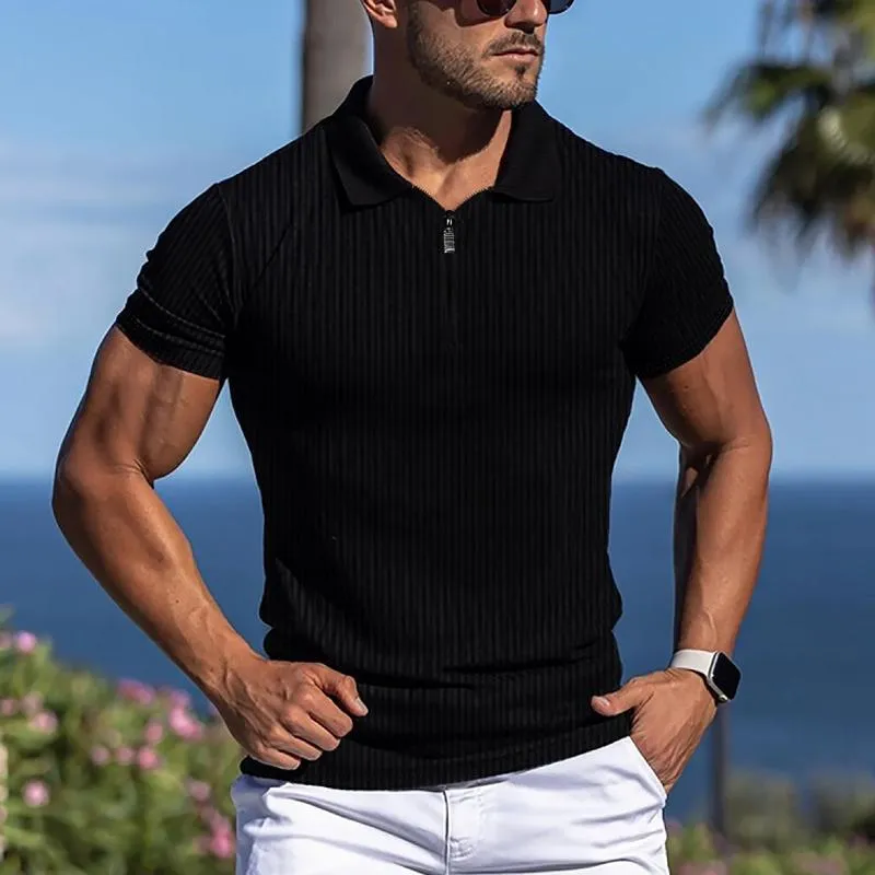 Men's Solid Striped Lapel Short Sleeve Polo Shirt 09106828Z sold by Manly product image thumbnail 2