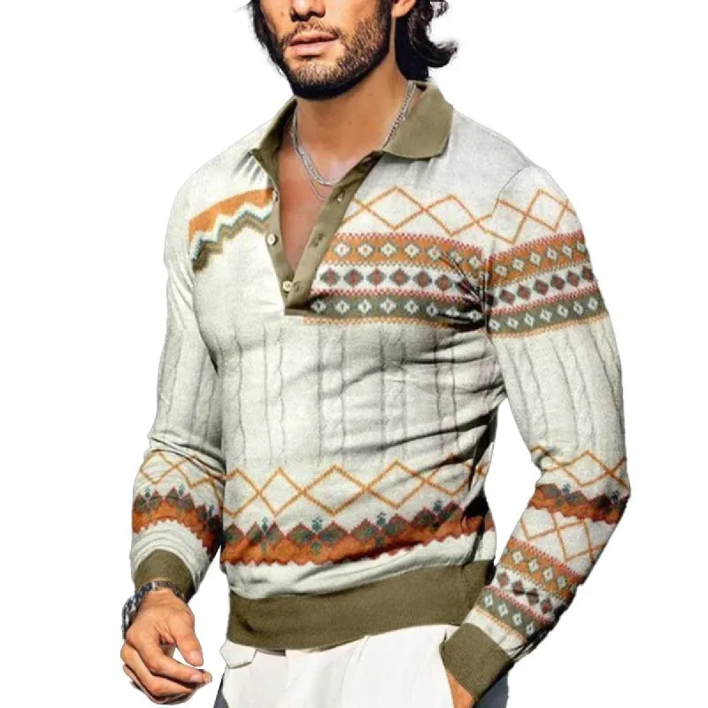 Men's Printed Retro Casual Long Sleeve POLO Shirt 64496688X sold by Manly