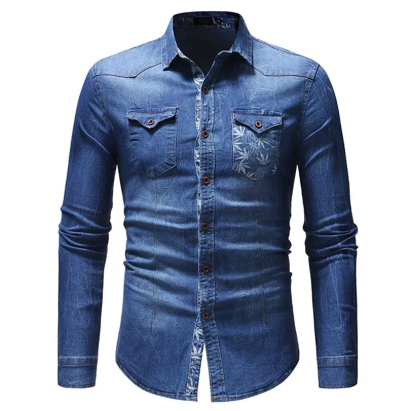 Men's Casual Denim Pocket Print Long Sleeve Shirt 77970622Y sold by Manly