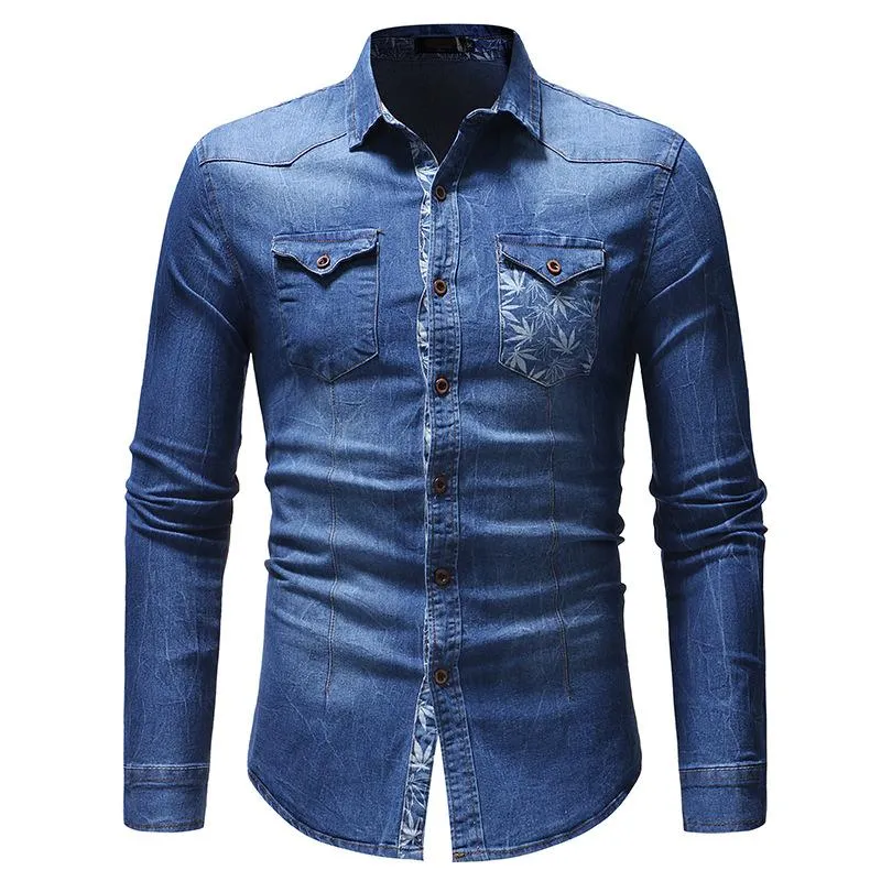 Men's Casual Denim Pocket Print Long Sleeve Shirt 77970622Y sold by Manly
