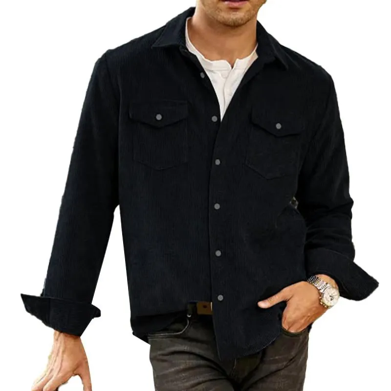 Men's Loose Vintage Solid Color Corduroy Pocket Long Sleeve Shirt 91635606Y sold by Manly