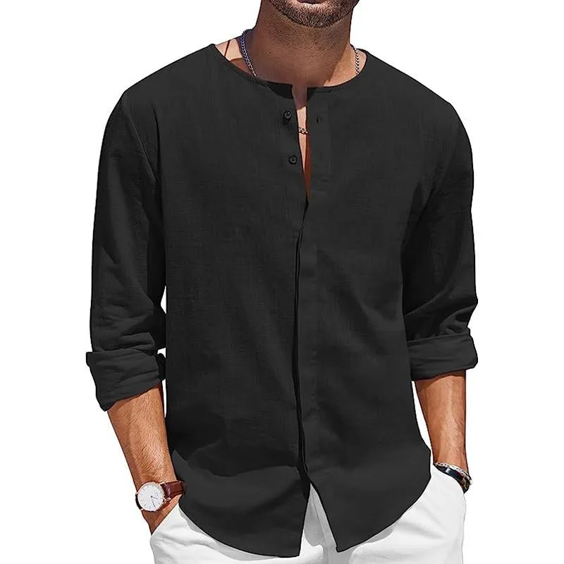 Men's Casual Round Neck Cotton Linen Long Sleeve Shirt 07577919M sold by Manly product image thumbnail 5
