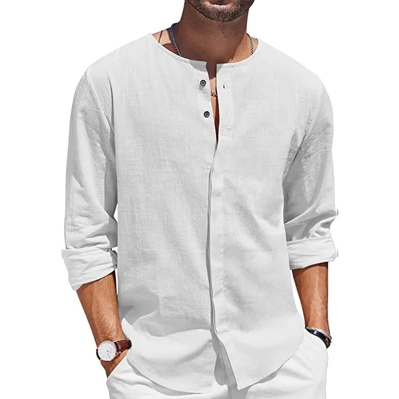 Men's Casual Round Neck Cotton Linen Long Sleeve Shirt 07577919M sold by Manly product image thumbnail 3