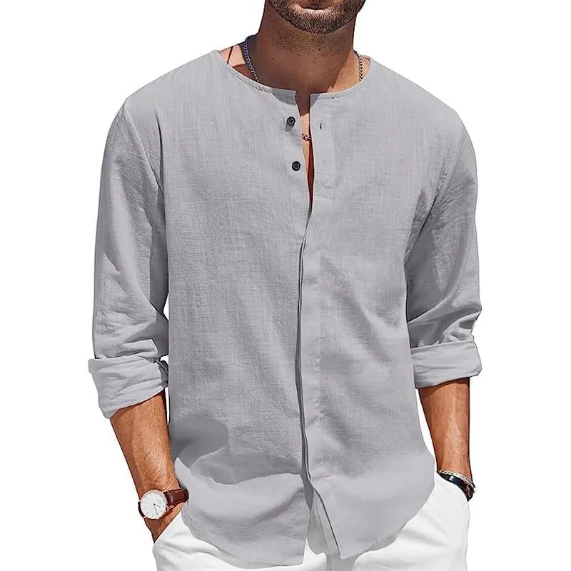 Men's Casual Round Neck Cotton Linen Long Sleeve Shirt 07577919M sold by Manly