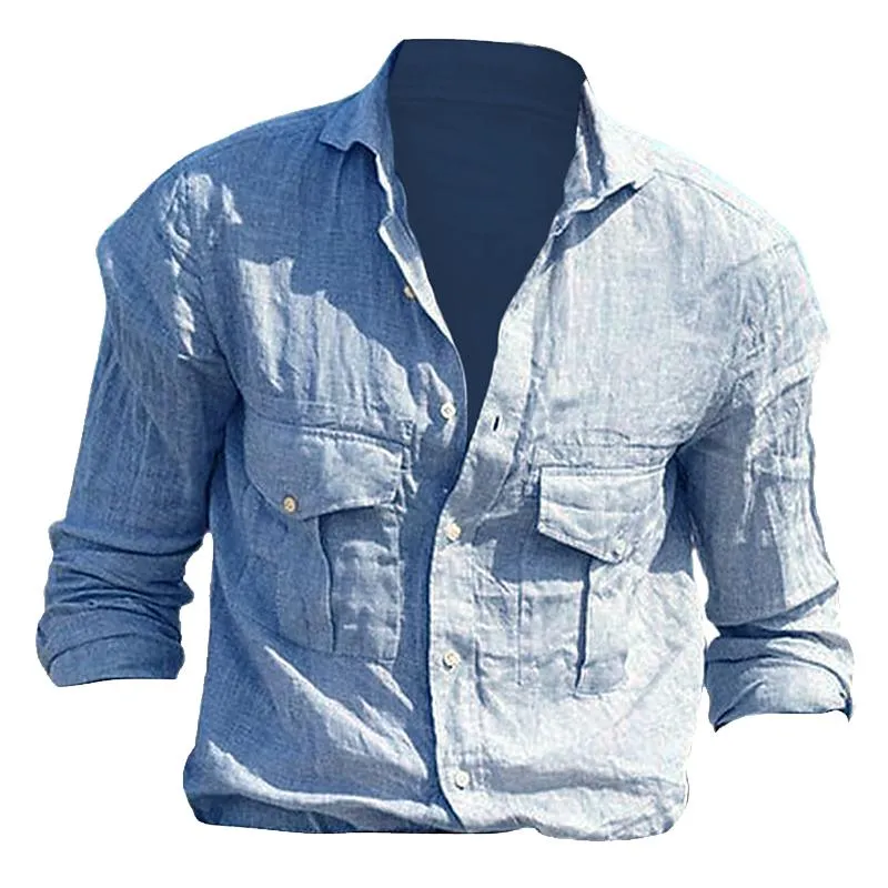 Men's Cotton and Linen Solid Color Multi-pocket Long-sleeved Shirt 01171869X sold by Manly product image thumbnail 3