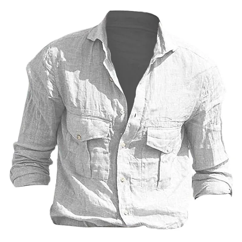 Men's Cotton and Linen Solid Color Multi-pocket Long-sleeved Shirt 01171869X sold by Manly product image thumbnail 2