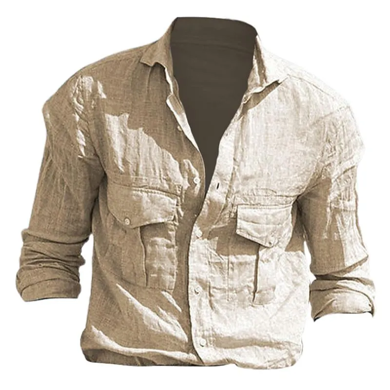 Men's Cotton and Linen Solid Color Multi-pocket Long-sleeved Shirt 01171869X sold by Manly