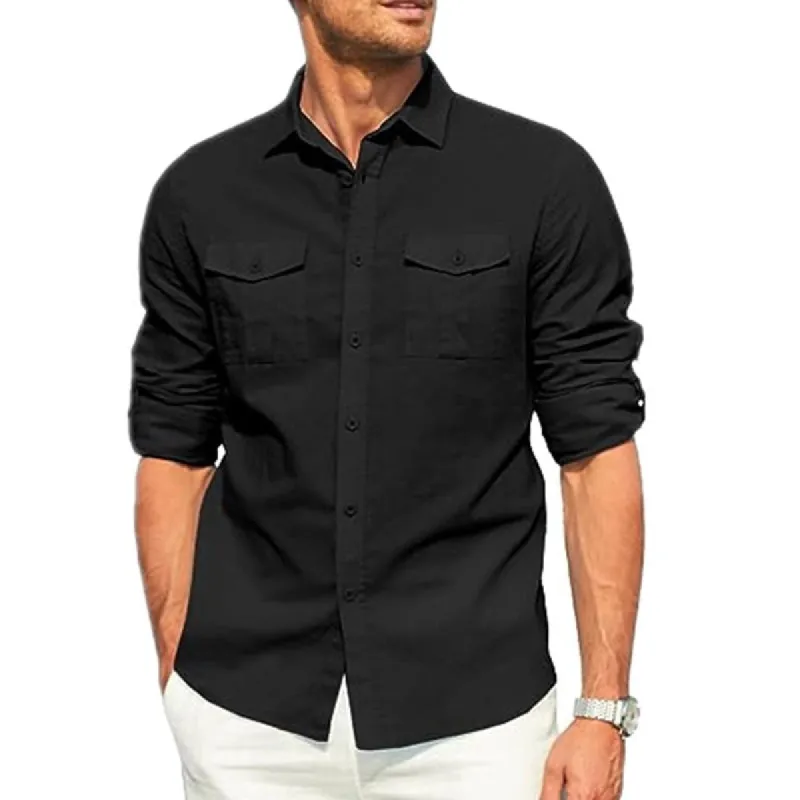 Men's Double Pocket Cotton Linen Long Sleeve Casual Vacation Shirt 99343148X made by Manly