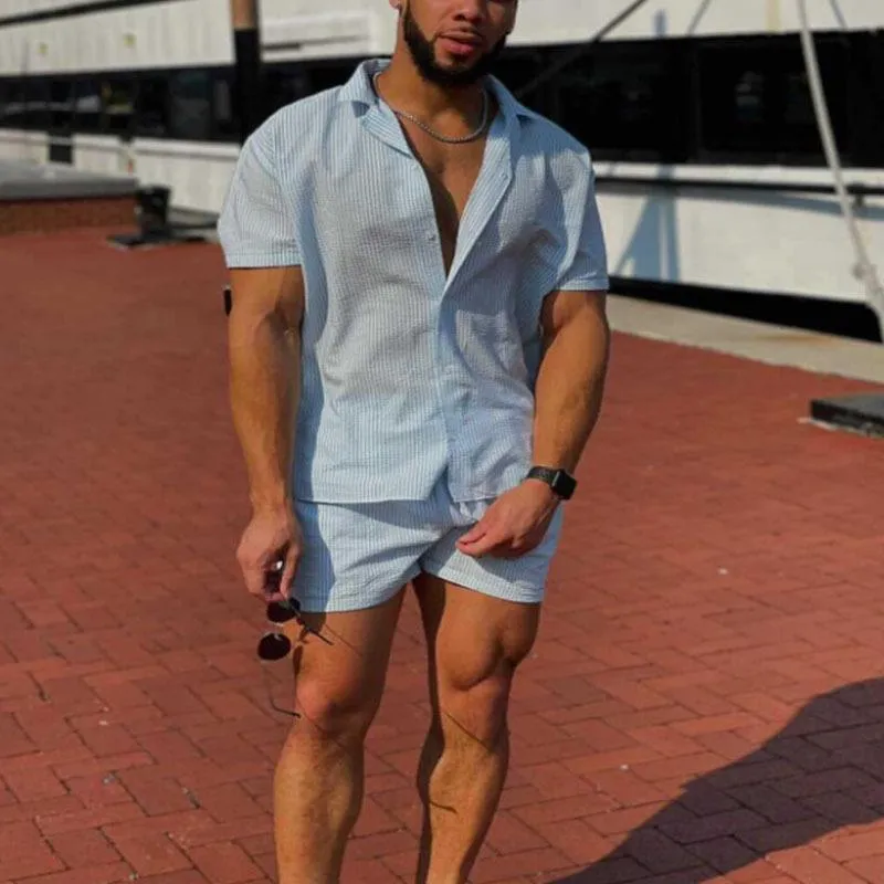 Men's Casual Striped Short-Sleeved Shirt And Shorts Set 23232315Y sold by Manly product image thumbnail 4