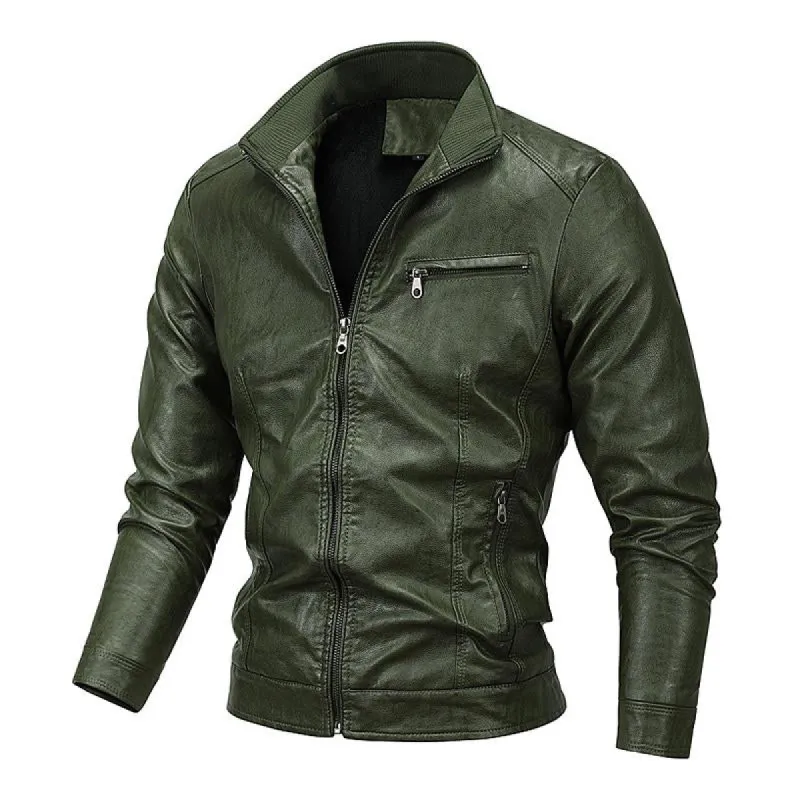 Men's Vintage Stand Collar Velvet Zipper Motorcycle Leather Jacket 80627391M sold by Manly
