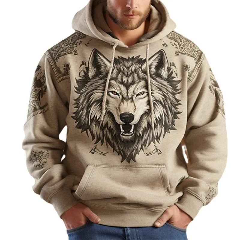 Men's Wolf Print Loose Sports Casual Hoodie 09483123Z sold by Manly