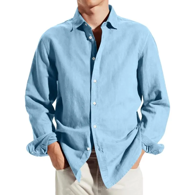 Men's Casual Cotton Linen Lapel Loose Long Sleeve Shirt 55194163M sold by Manly