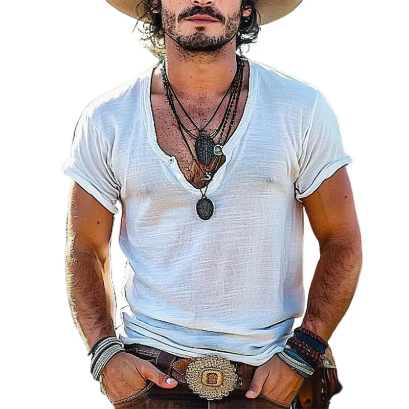 Men's Casual Solid Color V-neck Short-sleeved T-shirt 81823604TO sold by Manly