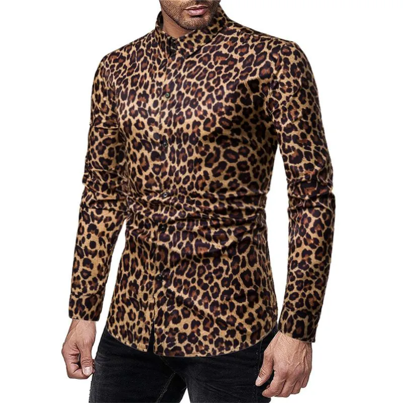 Men'S Casual Leopard Print Lapel Long Sleeve Shirt 42462002Y sold by Manly