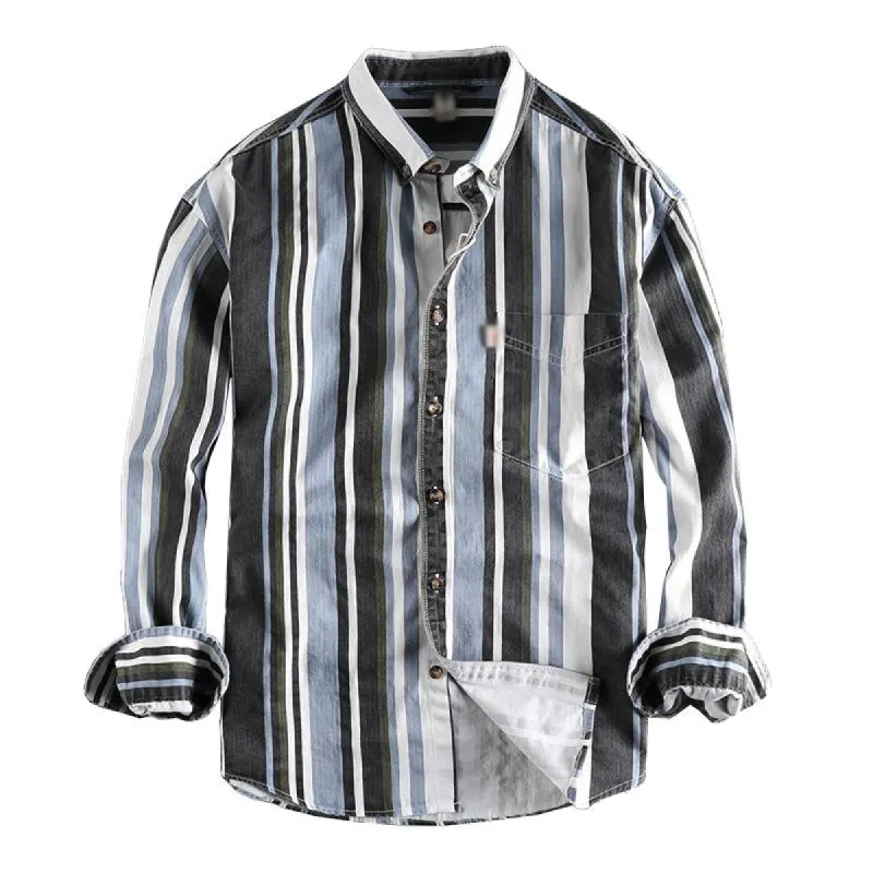 Men's Retro Color Striped Cotton Loose Lapel Long Sleeve Shirt 08469564M sold by Manly