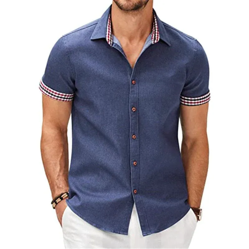 Men's Casual Check Print Stitching Lapel Short Sleeve Shirt 43927495Y sold by Manly