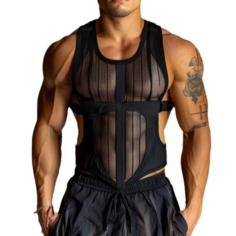 Men's Sexy Transparent Hollow Mesh Sports Short Tank Top 54052365M sold by Manly