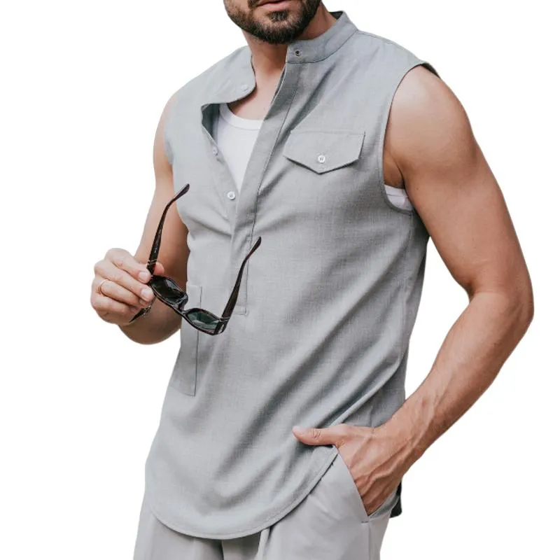 Men's Cotton and Linen Solid Color Pullover Tank Tops 80269077X sold by Manly