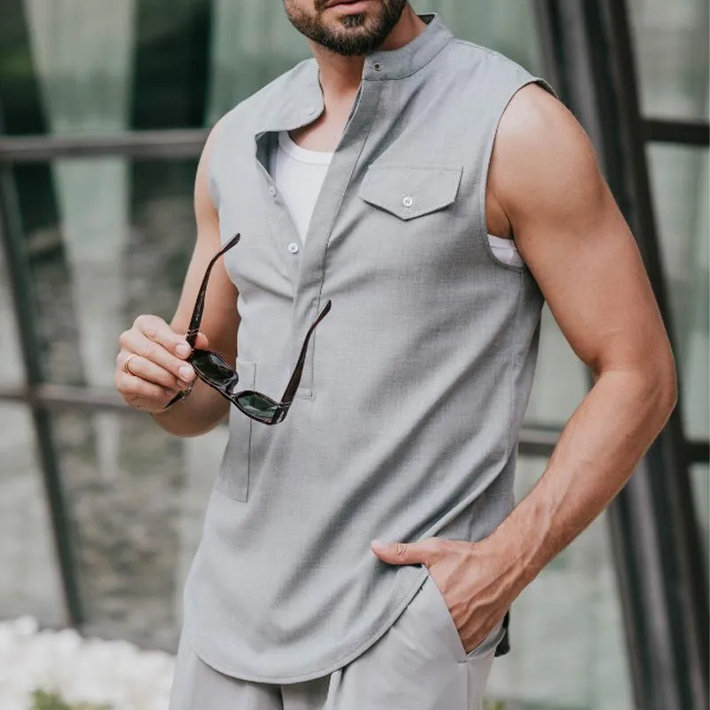 Men's Cotton and Linen Solid Color Pullover Tank Tops 80269077X sold by Manly product image thumbnail 4