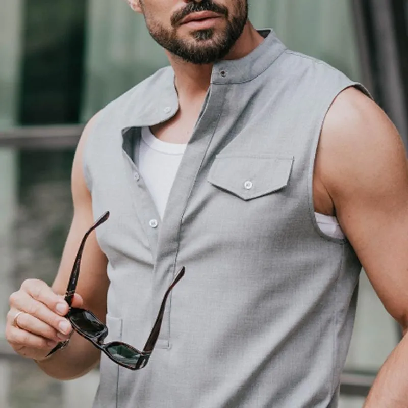 Men's Cotton and Linen Solid Color Pullover Tank Tops 80269077X sold by Manly product image thumbnail 2