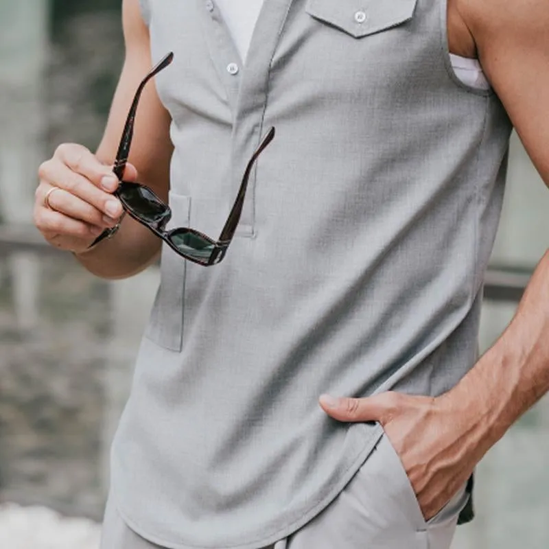 Men's Cotton and Linen Solid Color Pullover Tank Tops 80269077X sold by Manly product image thumbnail 3