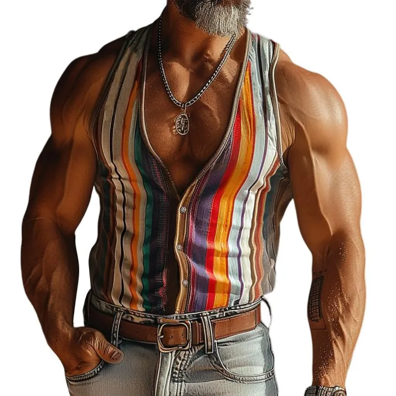 Men's Colorblock Stripe Print Single Breasted V-Neck Slim Fit Sleeveless Tank Top 12993748Y sold by Manly
