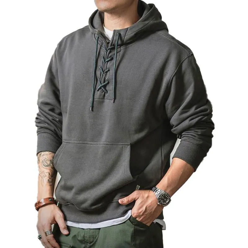 Men's Casual Retro Solid Color Strappy Hoodie 35104143Y sold by Manly