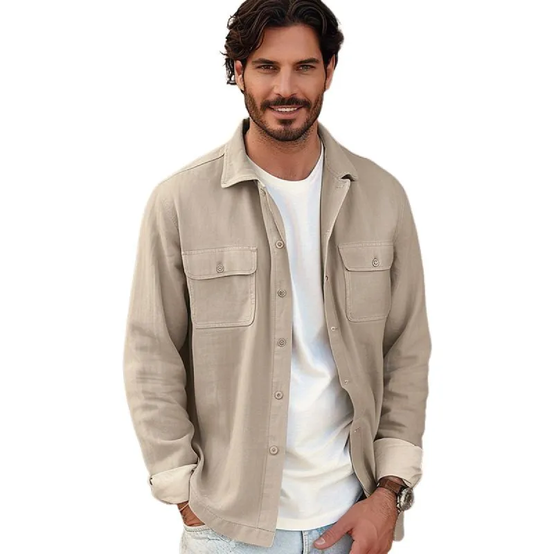 Men's Casual Cotton Linen Lapel Flap Pocket Shirt Jacket 25143771M sold by Manly