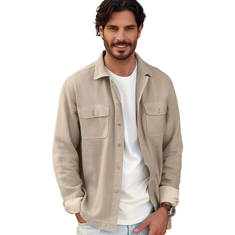 Men's Casual Cotton Linen Lapel Flap Pocket Shirt Jacket 25143771M sold by Manly