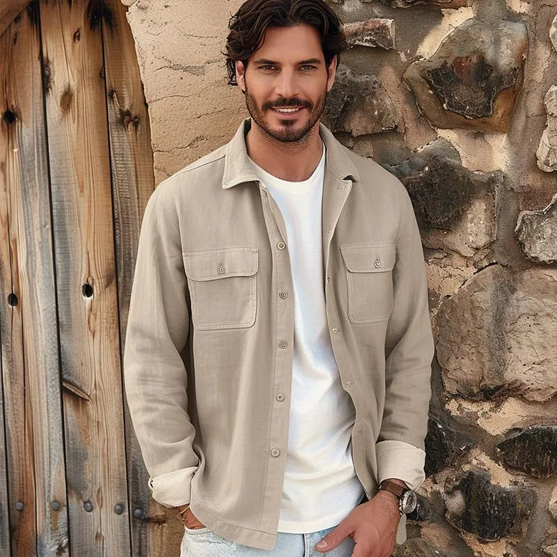 Men's Casual Cotton Linen Lapel Flap Pocket Shirt Jacket 25143771M sold by Manly product image thumbnail 2