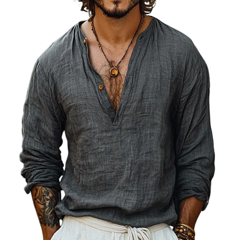 Men's Retro Casual Cotton and Linen Long Sleeve Shirt 00773145TO sold by Manly