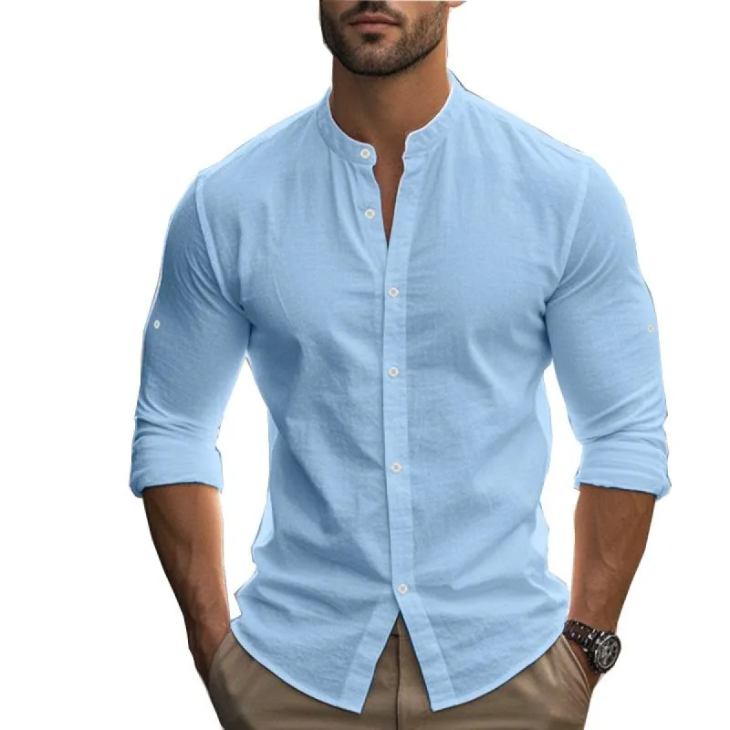 Men's Fashion Solid Stand Collar Long Sleeve Casual Shirt 83347128Z sold by Manly