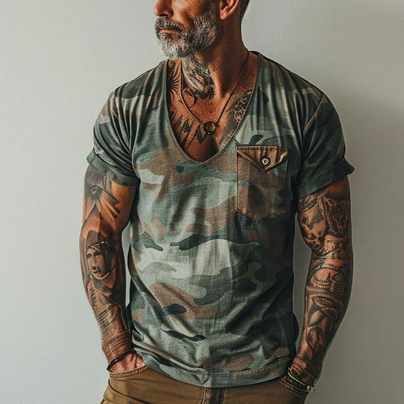 Men's Vintage Camo Print V-Neck Chest Pocket Short Sleeve T-Shirt 68738884Y sold by Manly product image thumbnail 2