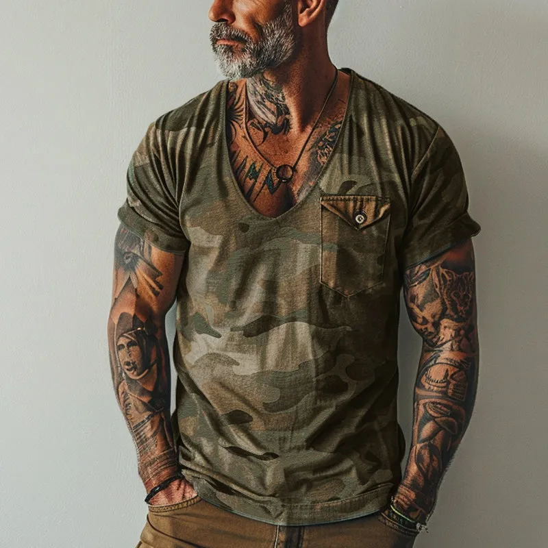 Men's Vintage Camo Print V-Neck Chest Pocket Short Sleeve T-Shirt 68738884Y sold by Manly product image thumbnail 4