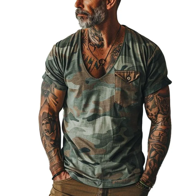 Men's Vintage Camo Print V-Neck Chest Pocket Short Sleeve T-Shirt 68738884Y sold by Manly