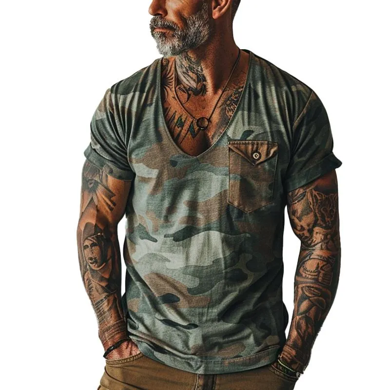 Men's Vintage Camo Print V-Neck Chest Pocket Short Sleeve T-Shirt 68738884Y sold by Manly