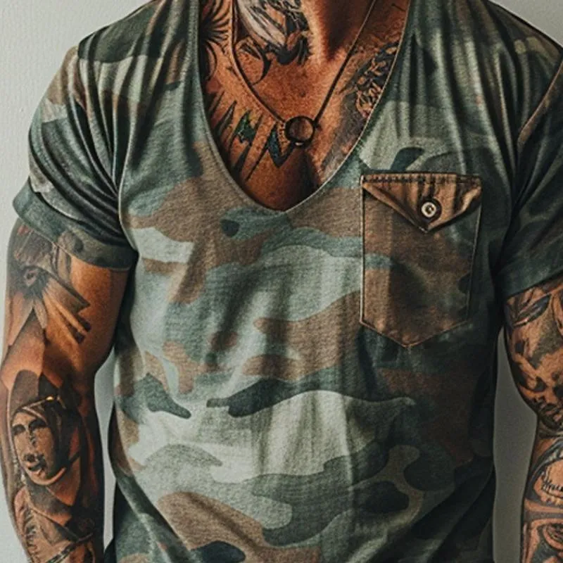 Men's Vintage Camo Print V-Neck Chest Pocket Short Sleeve T-Shirt 68738884Y sold by Manly product image thumbnail 3