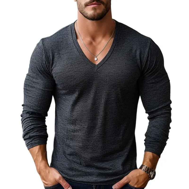 Men's Casual Cotton Linen Blended V-Neck Slim Long Sleeve T-Shirt 87605949M sold by Manly