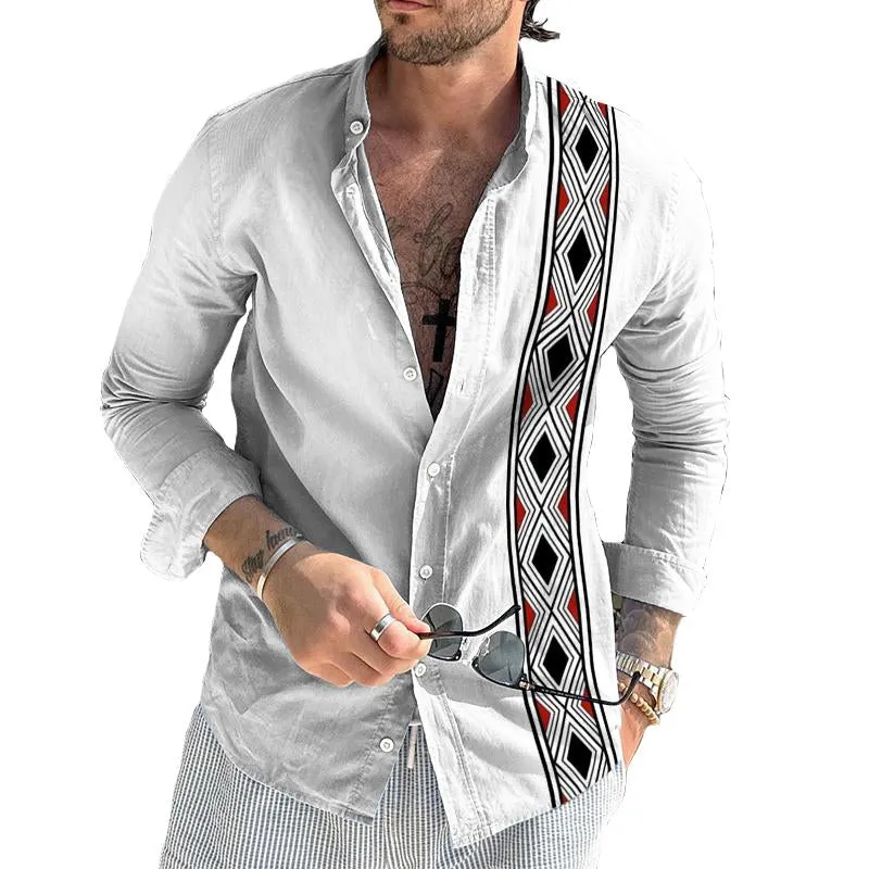 Men's Casual Geometric Stand Collar Long Sleeve Shirt 74944214TO sold by Manly