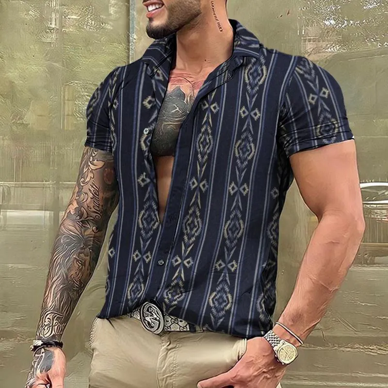 Men's Retro Geometric Striped Short Sleeve Shirt 23983610TO sold by Manly product image thumbnail 2