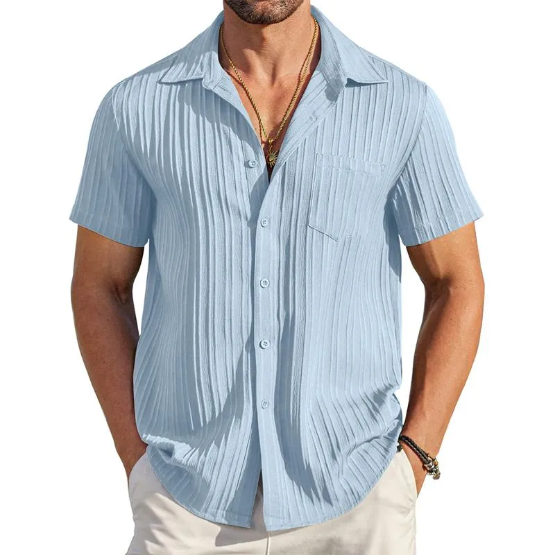 Men's Pleated Solid Lapel Short Sleeve Shirt 44415909Y sold by Manly product image thumbnail 2