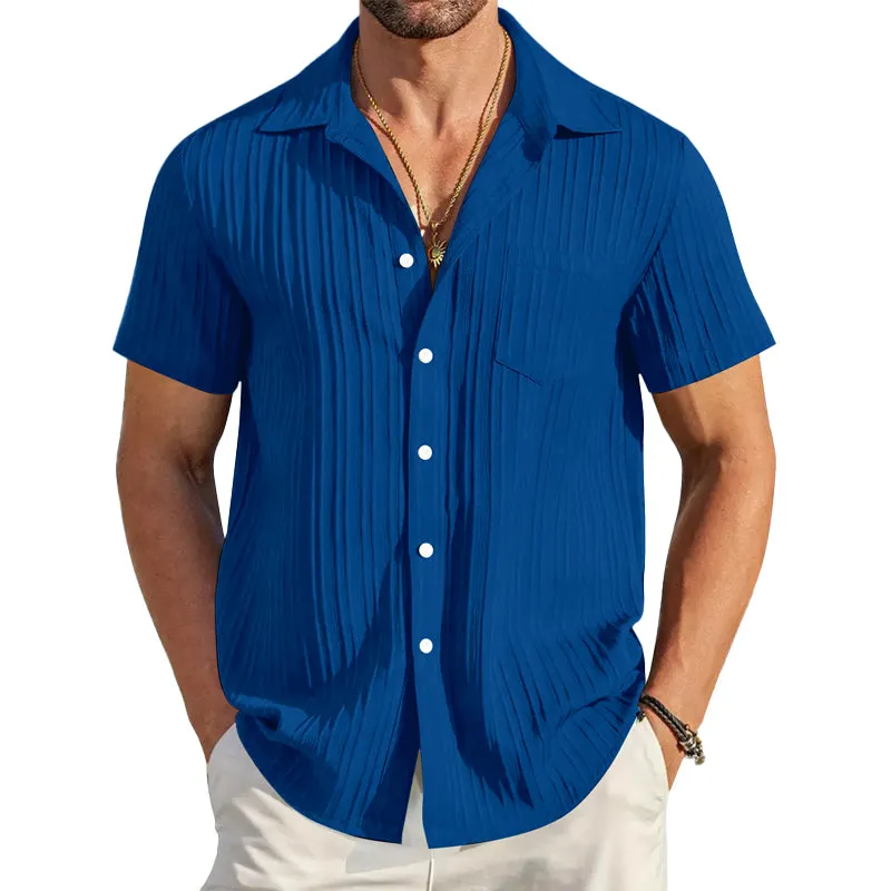 Men's Pleated Solid Lapel Short Sleeve Shirt 44415909Y sold by Manly
