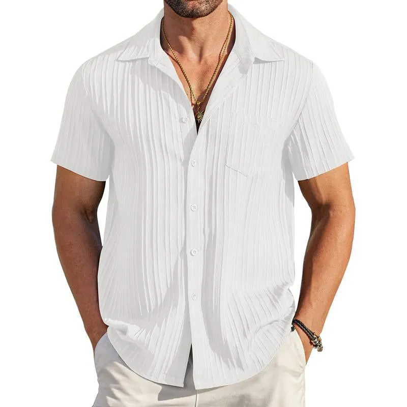 Men's Pleated Solid Lapel Short Sleeve Shirt 44415909Y sold by Manly product image thumbnail 4