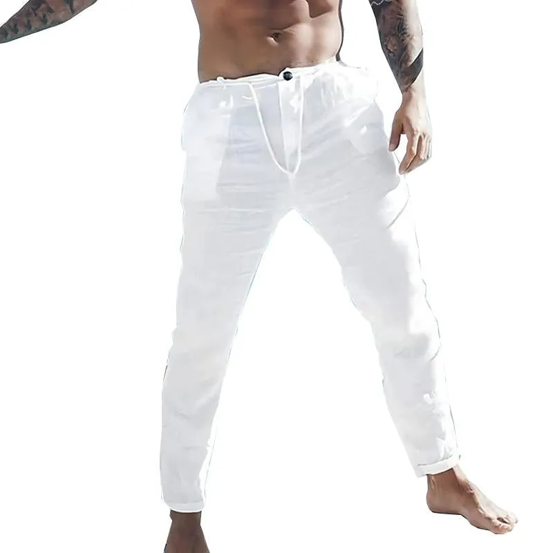 Men's Solid Color Linen Summer Drawstring Elastic Waist Beach Trousers 61028134X sold by Manly